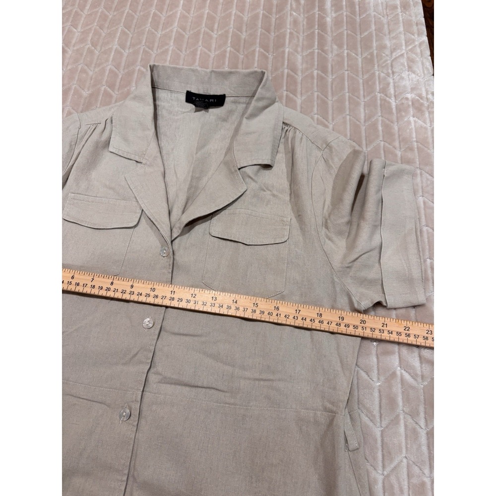 Tahari XL Linen Blend Beige Belted Utility Shirt Dress Short Sleeve Cuffed - Picture 15 of 16